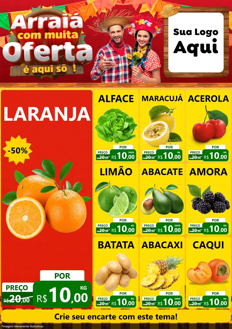 Modelo de Encarte para Encarte A4 Vertical com o tema Arraiá Com Muita Oferta - É Aqui Sô! para Hortifrúti