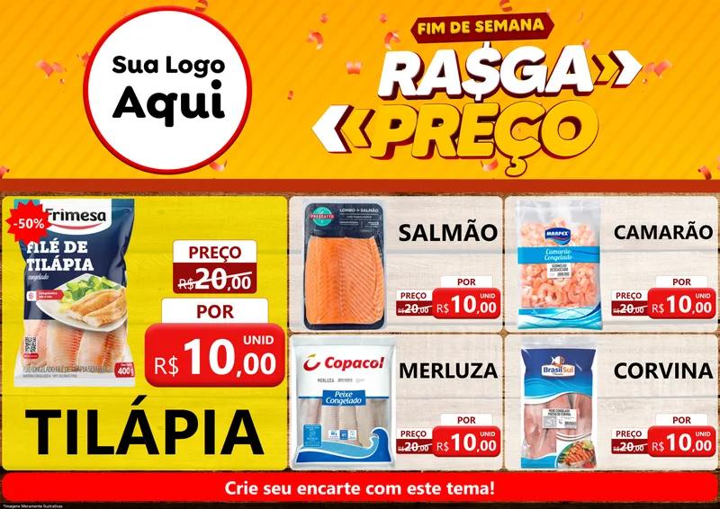 Modelo de Encarte para Encarte A4 Horizontal com o tema Fim de Semana Rasga Preços para Peixaria
