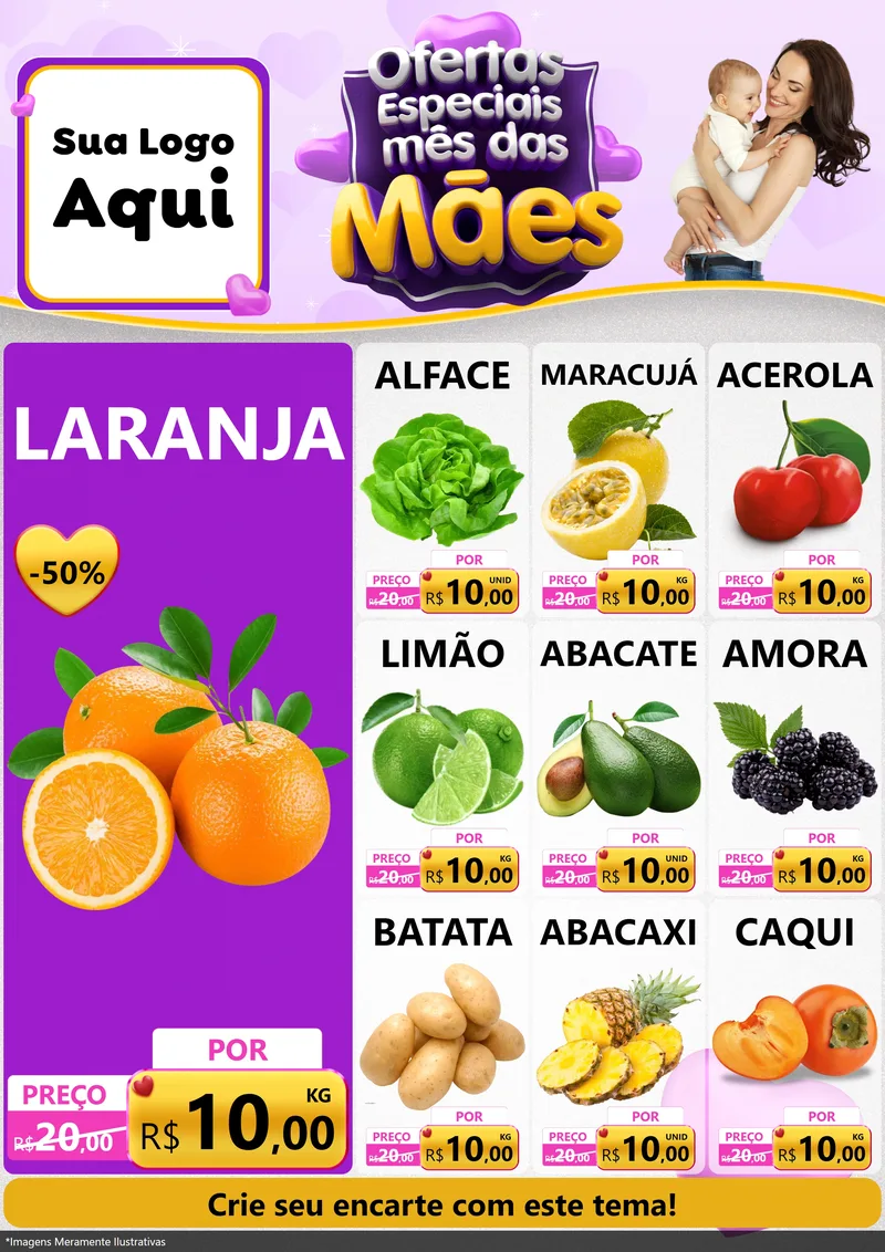 Modelo de Encarte para Encarte A4 Vertical com o tema Ofertas Especiais - Mês das Mães para Hortifrúti