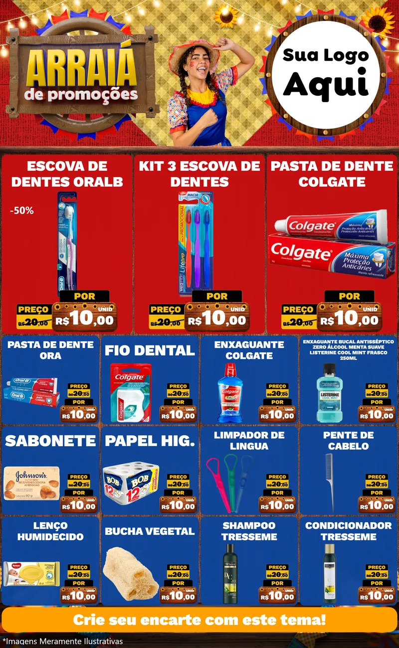 Modelo de Encarte para Encarte Grande com o tema Arraiá de Promoções para Higiene Pessoal