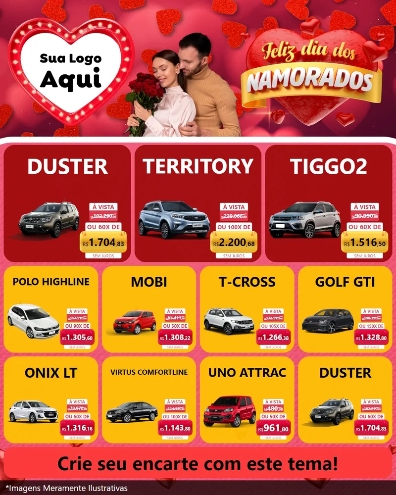 Modelo de Rede Social para Feed Instagram com o tema Feliz Dia Dos Namorados para Concessionaria de Carros