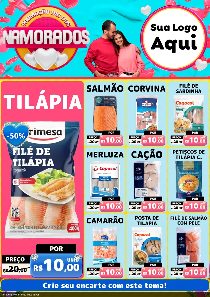 Modelo de Encarte para Encarte A4 Vertical com o tema Promoção Dia dos Namorados para Peixaria