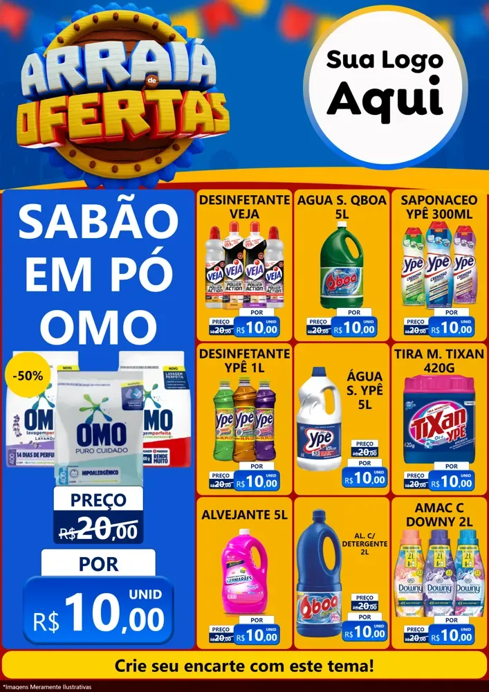 Modelo de Encarte para Encarte A4 Vertical com o tema Arraiá de Ofertas - Junina para Produtos de Limpeza