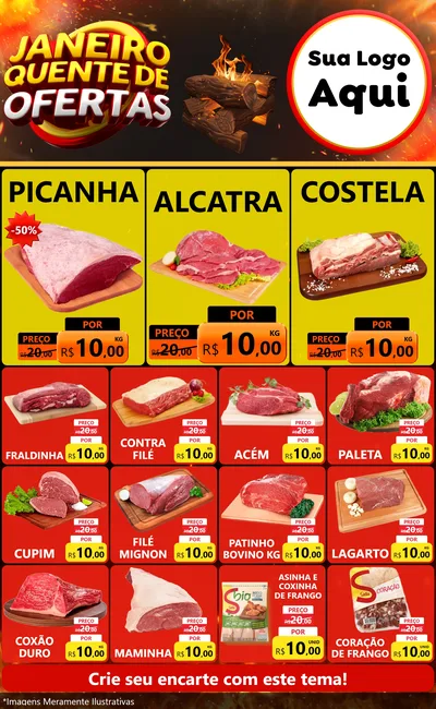 Modelo de Encarte para Encarte Grande com o tema Janeiro Quente de Ofertas para Açougue