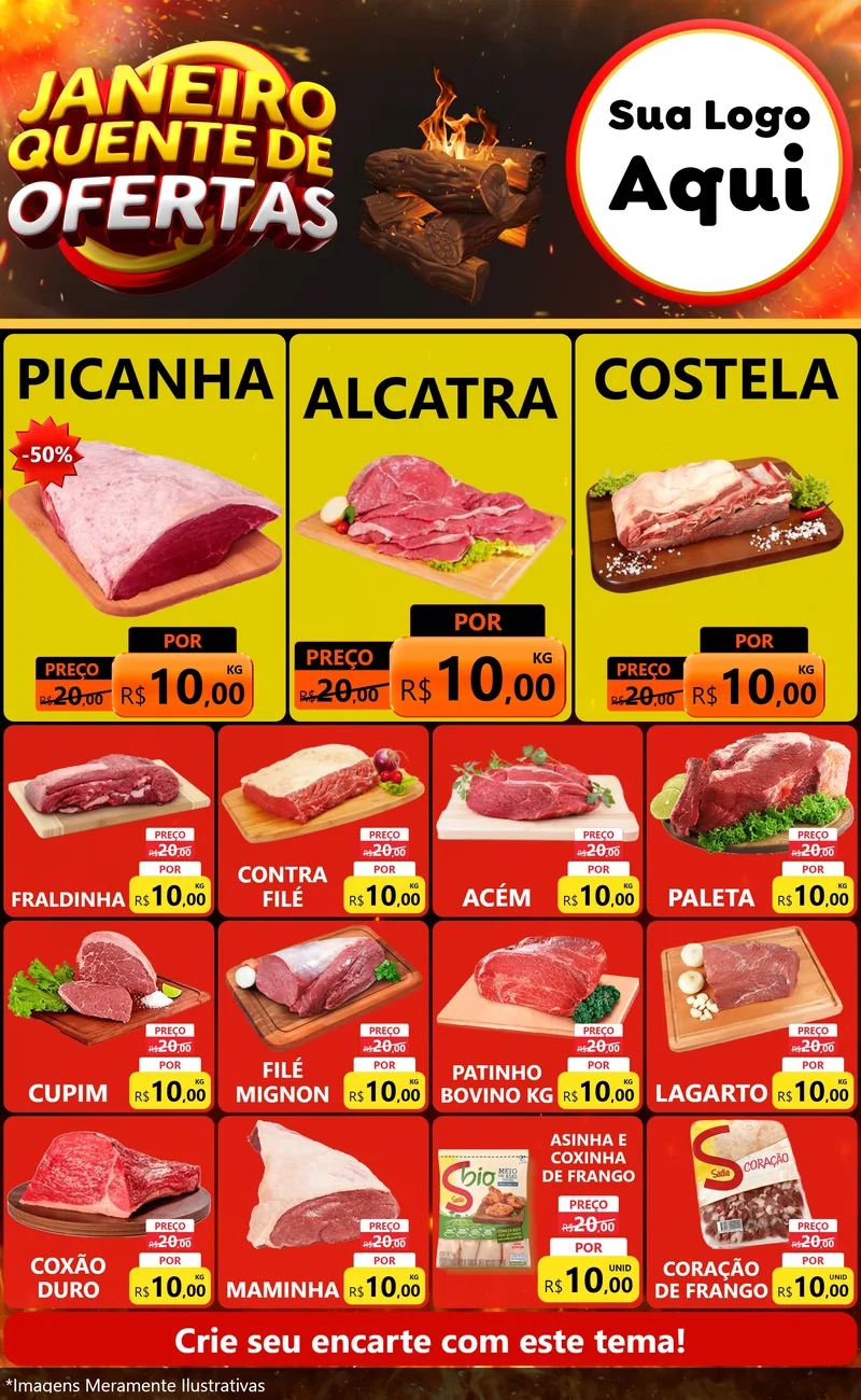 Modelo de Encarte para Encarte Grande com o tema Janeiro Quente de Ofertas para Açougue
