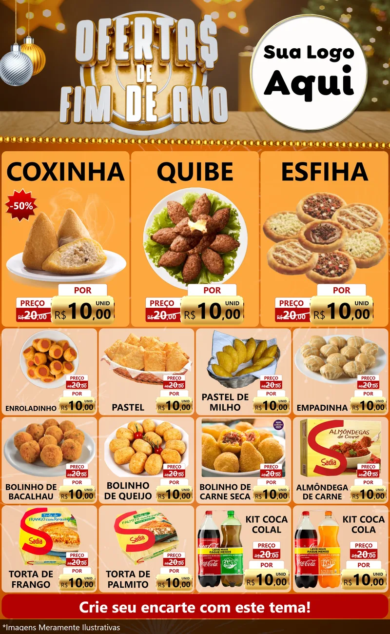 Modelo de Encarte para Encarte Grande com o tema Ofertas de Fim de Ano para Salgadaria