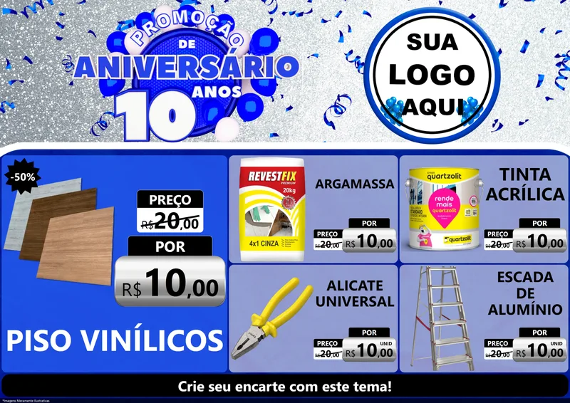 Modelo de Encarte para Encarte A4 Horizontal com o tema Promoção de Aniversário - 10 Anos para Material para Construção