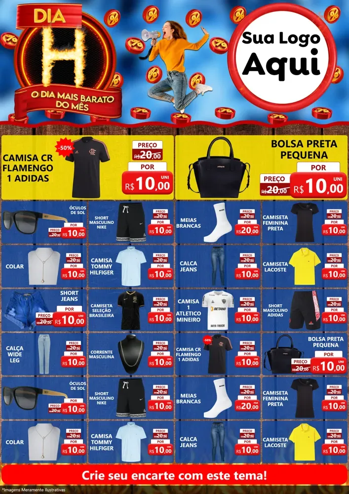 Modelo de Encarte para Encarte A4 Vertical com o tema Dia H - O Dia Mais Barato Do Mês para Roupas e acessórios