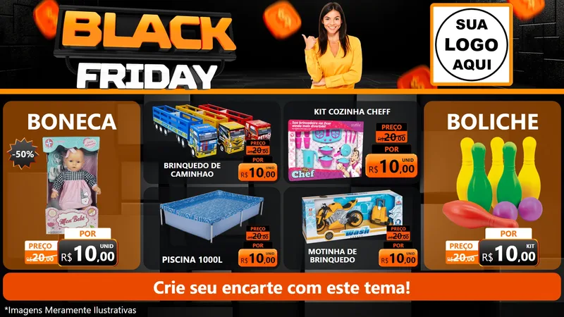 Modelo de TV para TV Horizontal com o tema Black Friday para Brinquedos