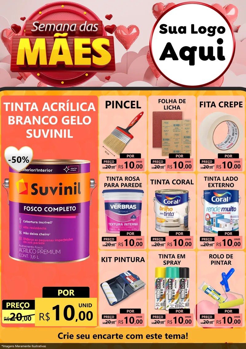Modelo de Encarte para Encarte A4 Vertical com o tema Semana das Mães para Tintas e Ferramentas