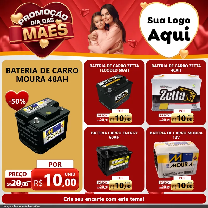 Modelo de Rede Social para Feed Facebook com o tema Promoção Dia das Mães para Baterias Elétricas