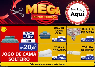 Modelo de Encarte para Encarte A4 Horizontal com o tema Mega Reinauguração para Cama, Mesa e Banho