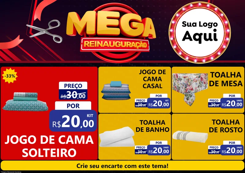 Modelo de Encarte para Encarte A4 Horizontal com o tema Mega Reinauguração para Cama, Mesa e Banho