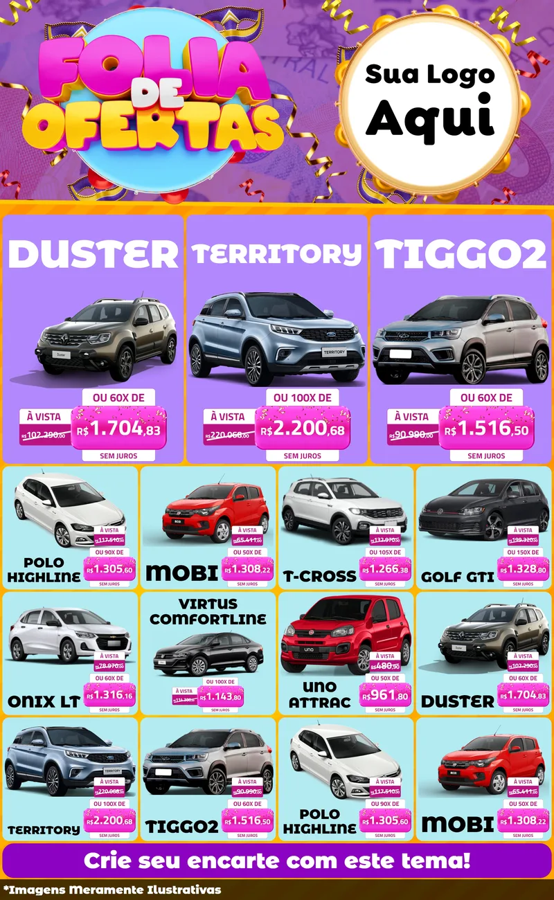 Modelo de Encarte para Encarte Grande com o tema Folia de Ofertas para Concessionaria de Carros