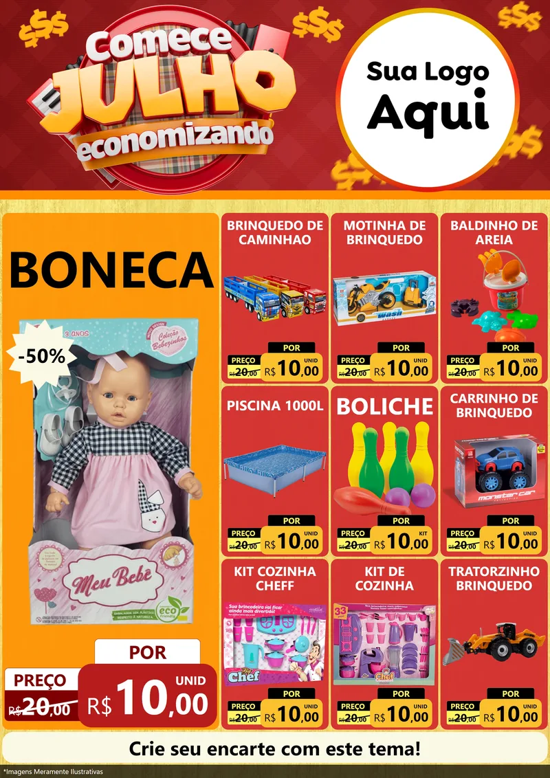 Modelo de Encarte para Encarte A4 Vertical com o tema Comece Julho Economizando para Brinquedos