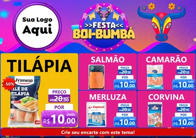 Modelo de Encarte para Encarte A4 Horizontal com o tema Festa Boi-Bumbá para Peixaria