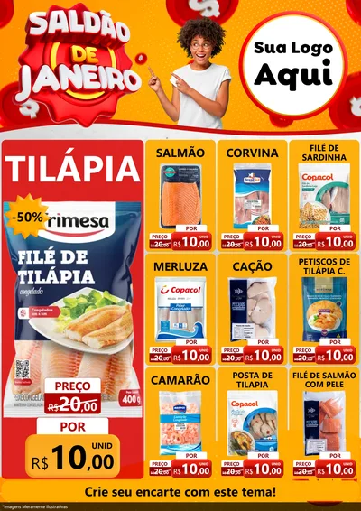 Modelo de Encarte para Encarte A4 Vertical com o tema Saldão de Janeiro para Peixaria