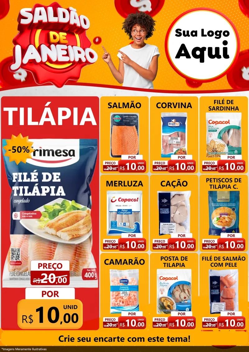 Modelo de Encarte para Encarte A4 Vertical com o tema Saldão de Janeiro para Peixaria