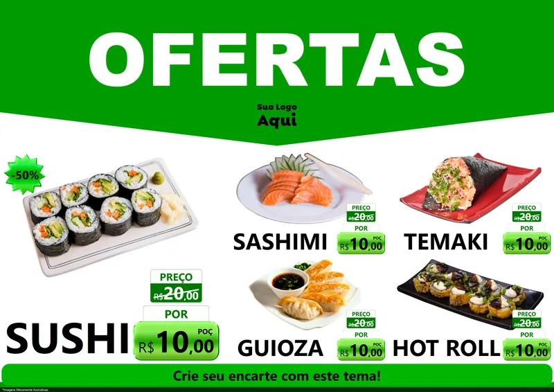 Modelo de Encarte para Encarte A4 Horizontal com o tema Ofertas Verde Cartaz para Comida japonesa