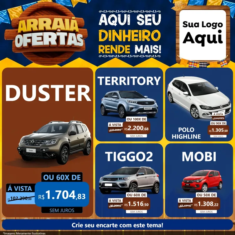 Modelo de Rede Social para Feed Facebook com o tema Arraiá de Ofertas - Junina para Concessionaria de Carros