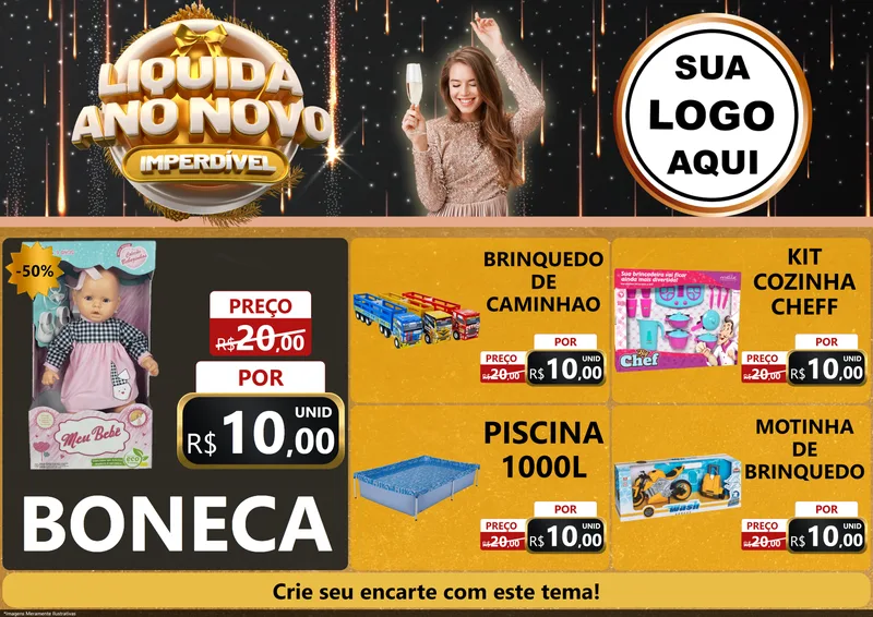 Modelo de Encarte para Encarte A4 Horizontal com o tema Liquida Ano Novo Imperdível para Brinquedos