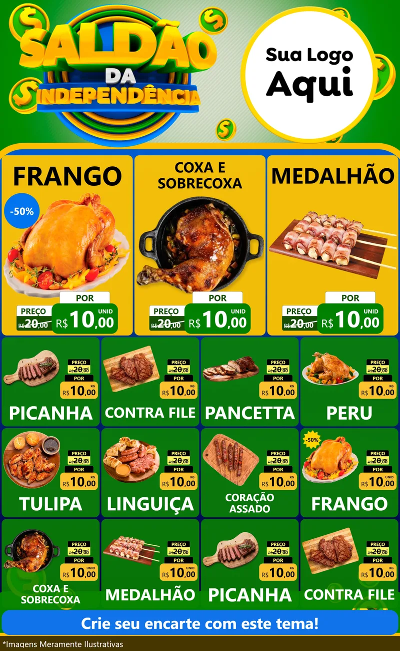Modelo de Encarte para Encarte Grande com o tema Saldão da Indepêndencia para Assados