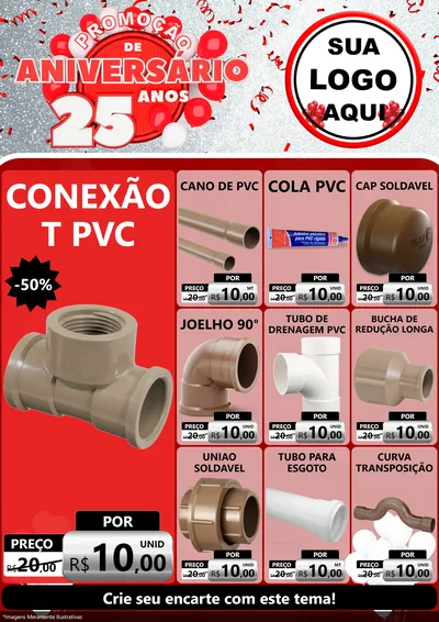 Modelo de Encarte para Encarte A4 Vertical com o tema Promoção de Aniversário - 25Anos para Tubos e conexões