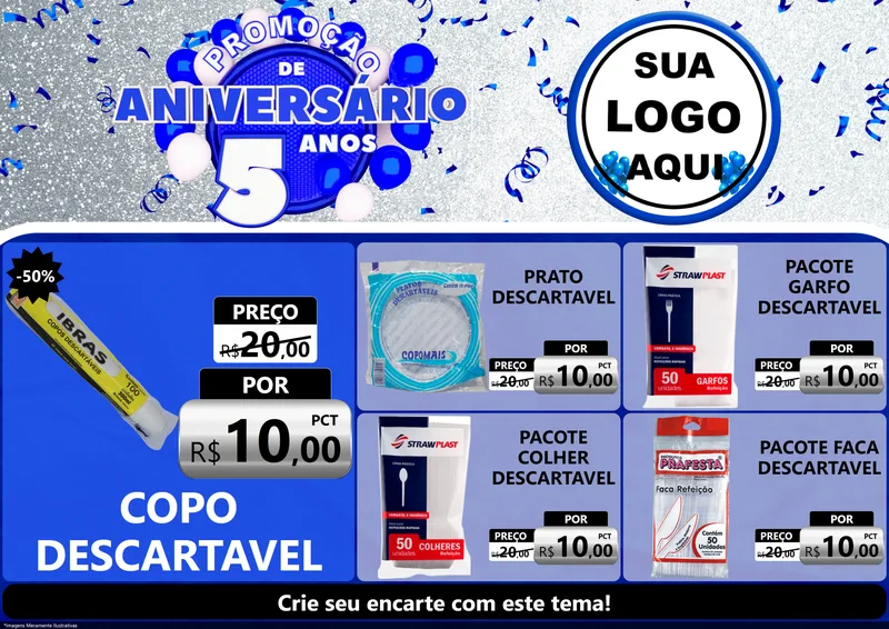 Modelo de Encarte para Encarte A4 Horizontal com o tema Promoção de Aniversário - 5 Anos para Embalagens