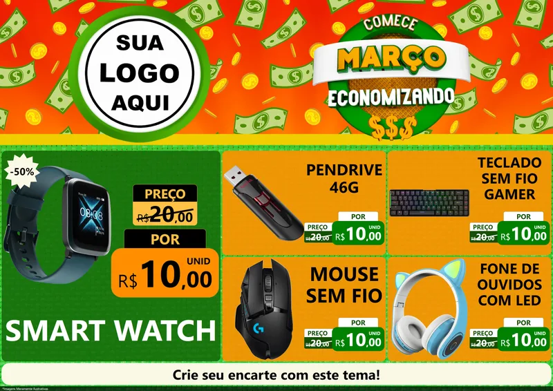 Modelo de Encarte para Encarte A4 Horizontal com o tema Comece Março Economizando para Informática
