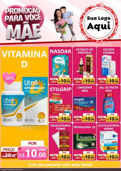 Modelo de Encarte para Encarte A4 Vertical com o tema Promoção Para Você Mãe para Farmácia