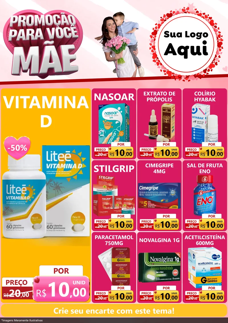 Modelo de Encarte para Encarte A4 Vertical com o tema Promoção Para Você Mãe para Farmácia