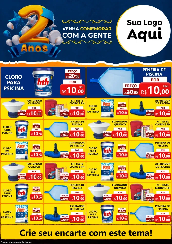 Modelo de Encarte para Encarte A4 Vertical com o tema Aniversário de 2 anos para Produtos para Piscina
