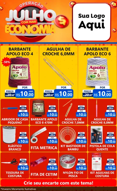 Modelo de Encarte para Encarte Grande com o tema Operação Julho Com Mais Economia para Armarinho e Aviamentos
