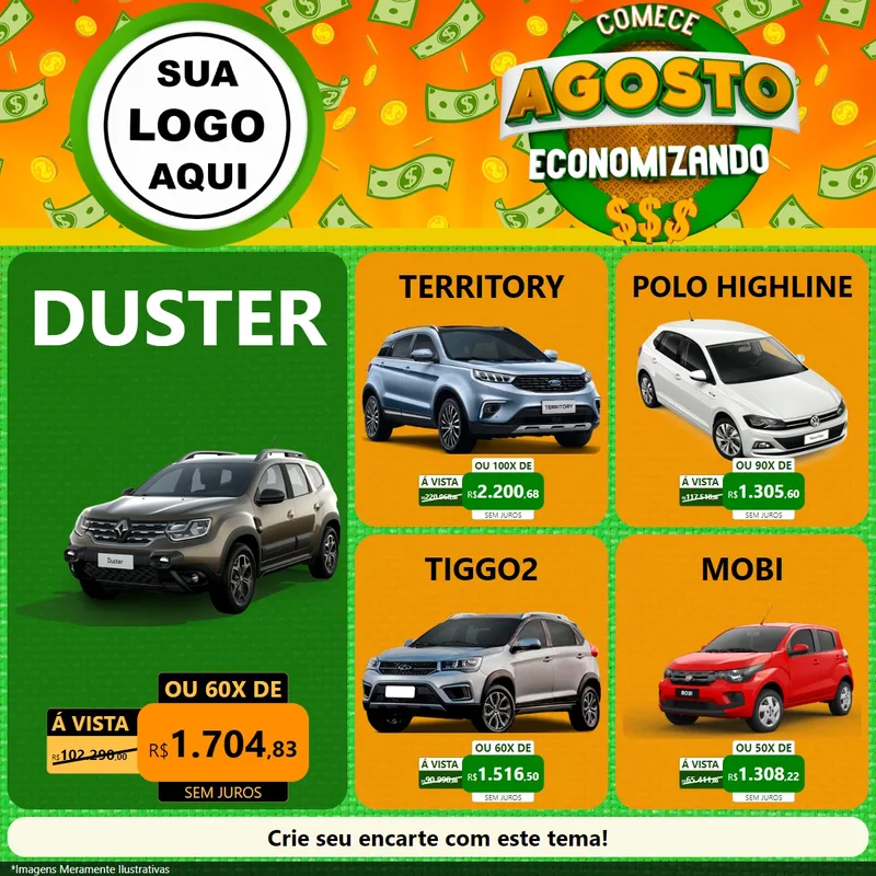 Modelo de Rede Social para Feed Facebook com o tema Comece Agosto Economizando para Concessionaria de Carros
