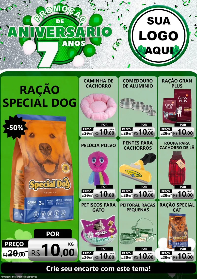 Modelo de Encarte para Encarte A4 Vertical com o tema Promoção de Aniversário - 7 Anos para Pet Shop