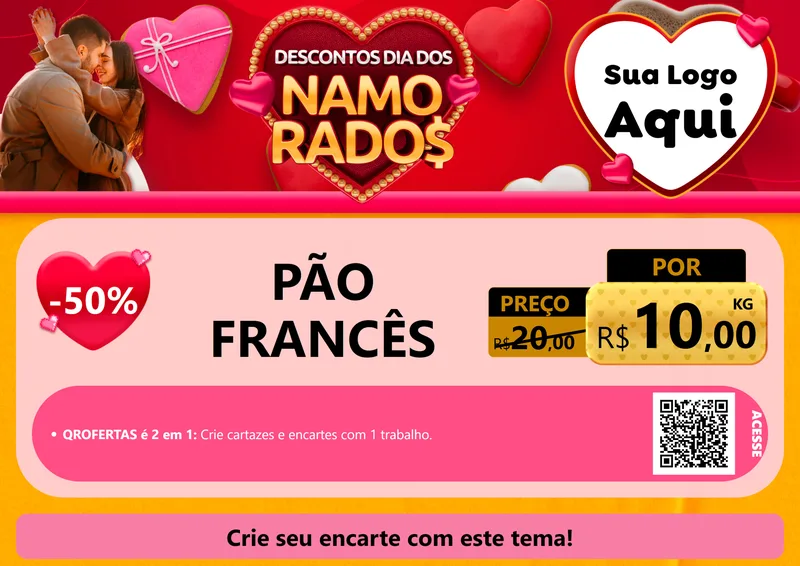 Modelo de Cartaz para Cartaz A4 Horizontal com o tema Descontos Dia dos Namorados para Padaria