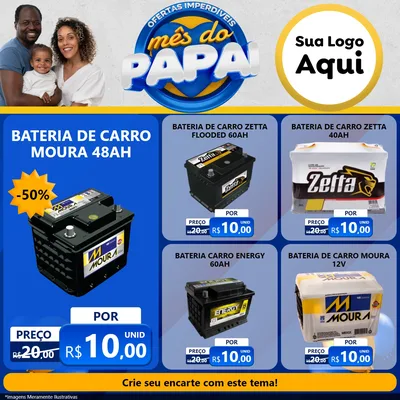 Modelo de Rede Social para Feed Facebook com o tema Ofertas Imperdíveis Mês Do Papai para Baterias Elétricas