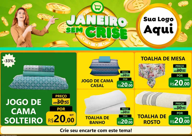Modelo de Encarte para Encarte A4 Horizontal com o tema Janeiro Sem Crise para Cama, Mesa e Banho
