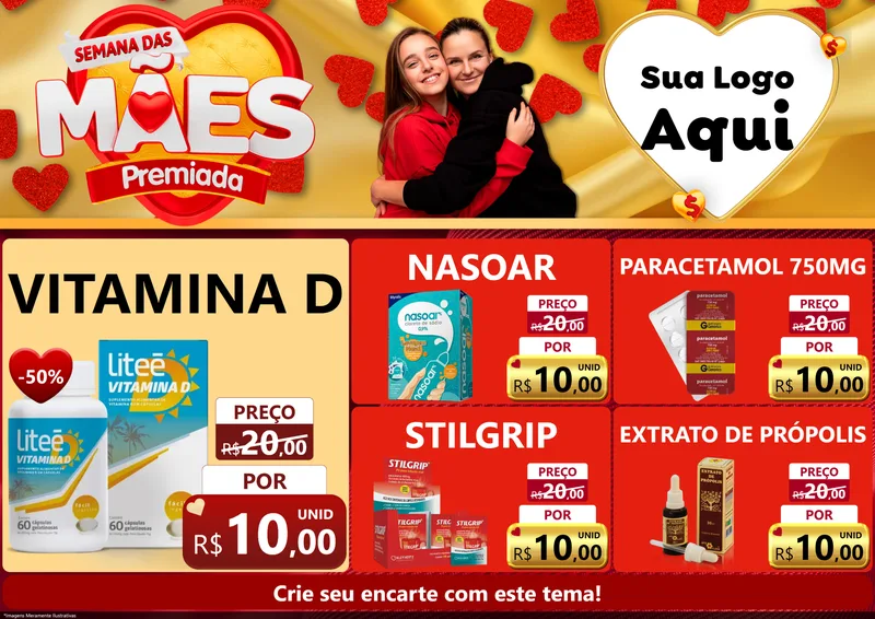 Modelo de Encarte para Encarte A4 Horizontal com o tema Semana das Mães Premiada para Farmácia