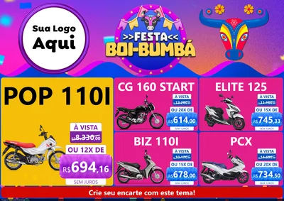 Modelo de Encarte para Encarte A4 Horizontal com o tema Festa Boi-Bumbá para Concessionaria de Motos
