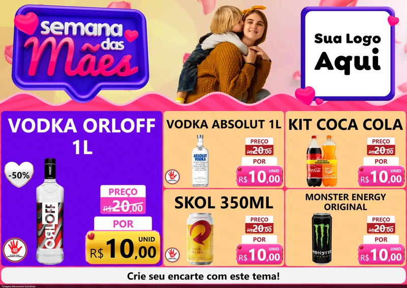 Modelo de Encarte para Encarte A4 Horizontal com o tema Semana das Mães para Distribuidora de bebidas