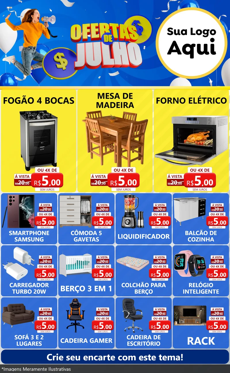 Modelo de Encarte para Encarte Grande com o tema Ofertas de Julho para Móveis e Eletro