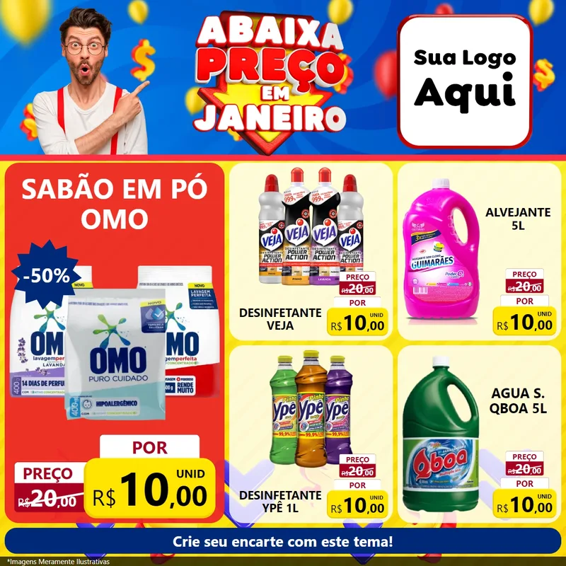 Modelo de Rede Social para Feed Facebook com o tema Abaixa Preço em Janeiro para Produtos de Limpeza