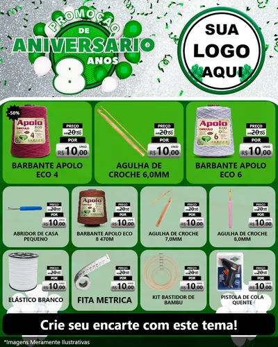 Modelo de Rede Social para Feed Instagram com o tema Promoção de Aniversário - 8 Anos para Armarinho e Aviamentos