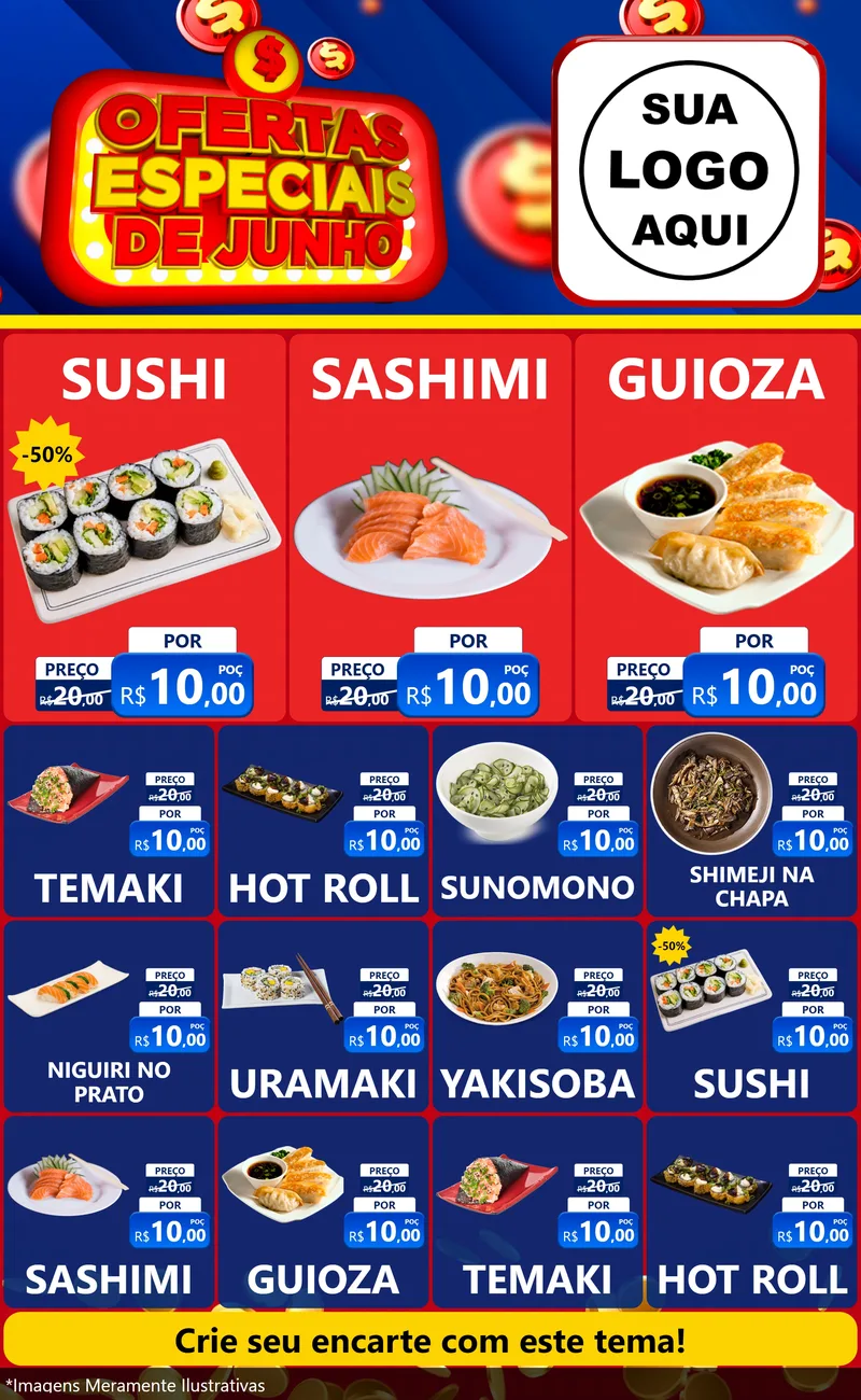 Modelo de Encarte para Encarte Grande com o tema Ofertas Especiais de Junho para Comida japonesa