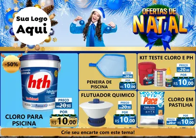 Modelo de Encarte para Encarte A4 Horizontal com o tema Ofertas de Natal para Produtos para Piscina