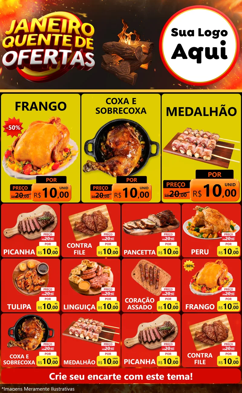Modelo de Encarte para Encarte Grande com o tema Janeiro Quente de Ofertas para Assados