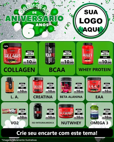 Modelo de Rede Social para Feed Instagram com o tema Promoção de Aniversário - 6 Anos para Suplementos alimentares