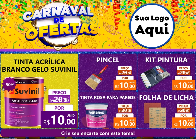 Modelo de Encarte para Encarte A4 Horizontal com o tema Carnaval de Ofertas para Tintas e Ferramentas