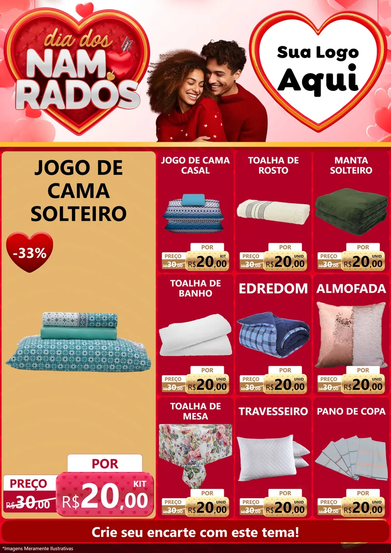 Modelo de Encarte para Encarte A4 Vertical com o tema Dia dos Namorados para Cama, Mesa e Banho